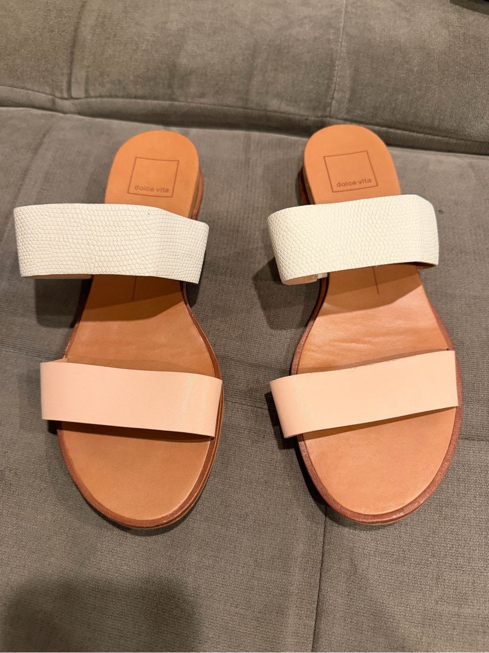 Dolce Vita Two-Band Slide Sandal in White and Blush Pink
